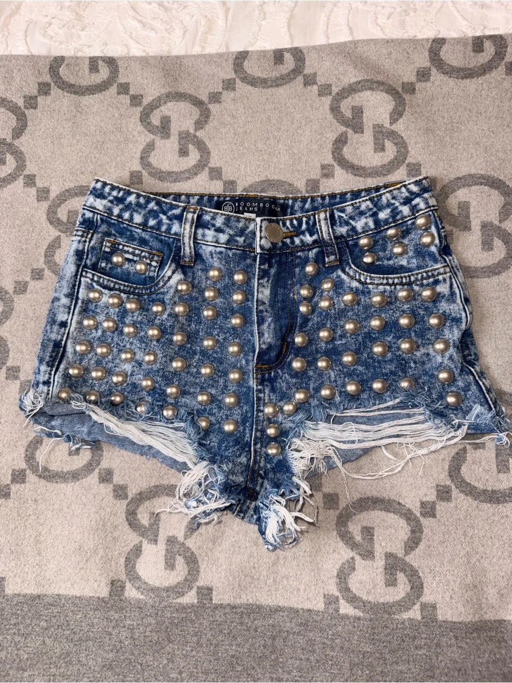 Metal Stud Embellished Distressed Denim Shorts - Picture 2 of 10